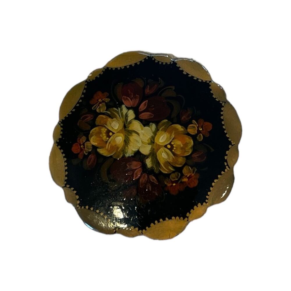 Palekh Russion Lacquer Pin Brooch Wood with Hand Painted Red and Orange Flowers